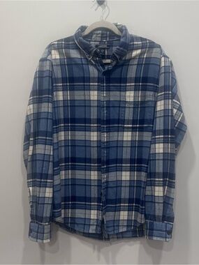 Lands' End Men's Blue and White Plaid Button-Down Shirt